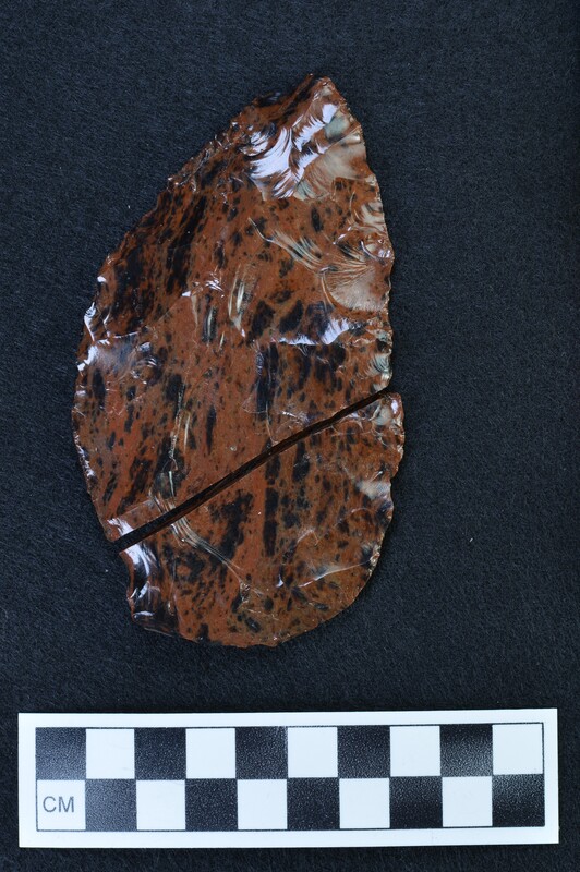Photo shows two fragments of a biface made by Crabtree that broke due to end shock.