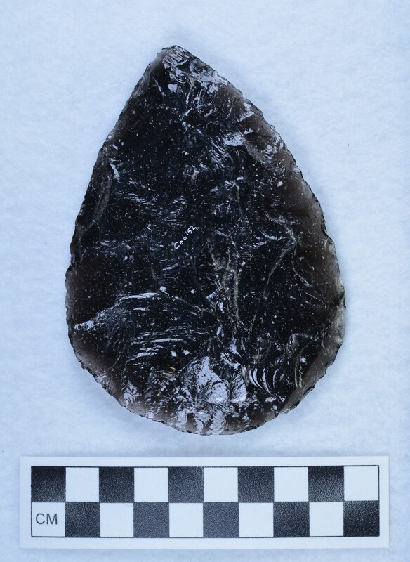 The contents of this box are all bifaces made by Crabtree. They were made of Glass Butte obsidian. They represent a mixture of hammerstone and antler billet construction. (JW)