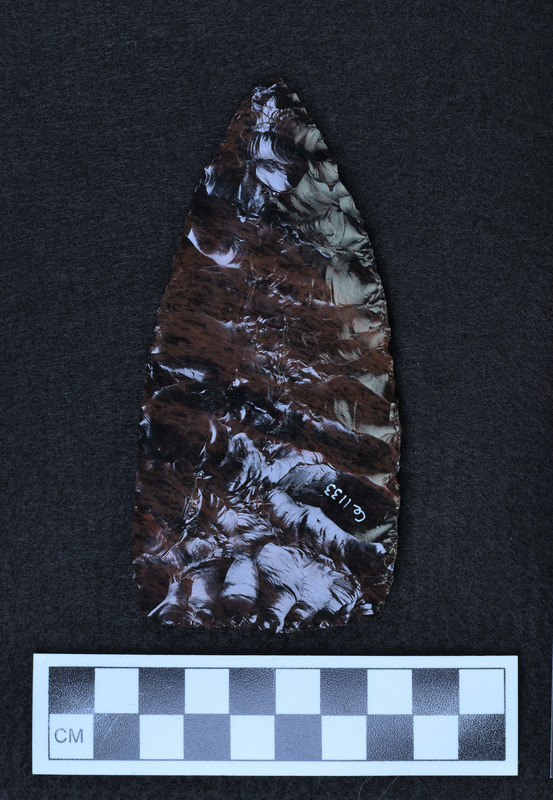 Primary pressure thinning, Flakes were detached using a long handled pressure tool. (JW)