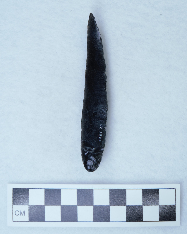 Blade flaked on dorsal face.