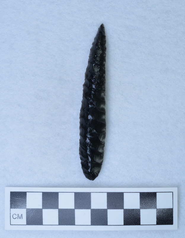 Blade flaked on dorsal face.