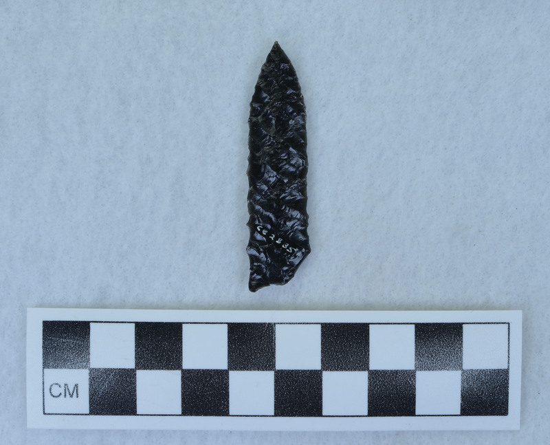 Lanceolate, diagonal parallel flaked, One ear missing due to one of the pressure flakes traveling all the way across the face and snipping off the ear. (GT)