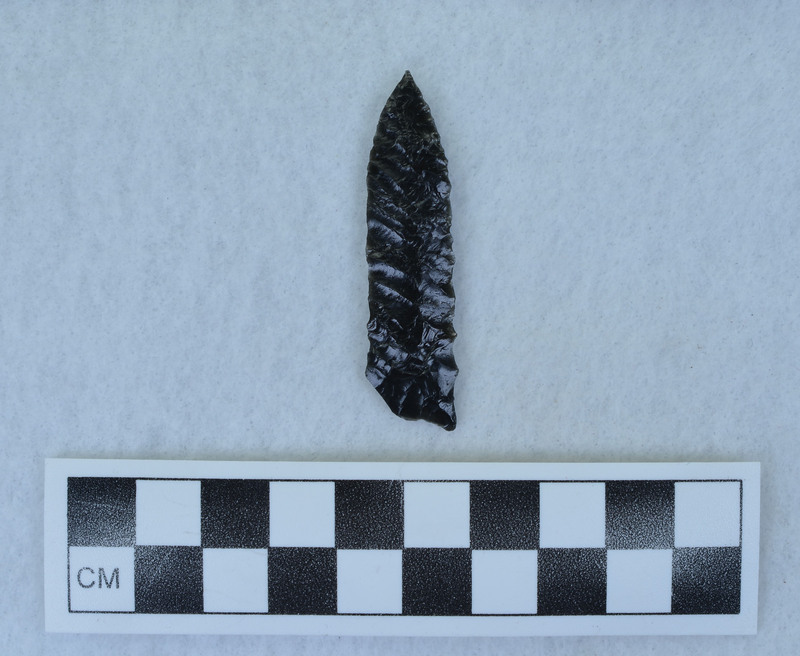 Lanceolate, diagonal parallel flaked, One ear missing due to one of the pressure flakes traveling all the way across the face and snipping off the ear. (GT)