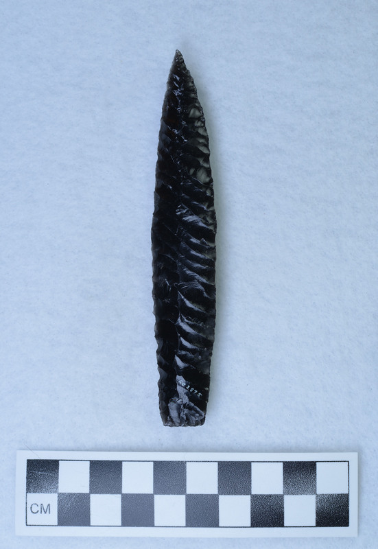 Flakes terminate along well-defined median ridge, lanceolate style, ground basal margins