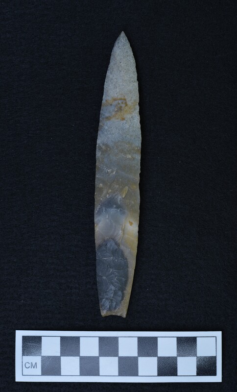 Using flint from France, Donald E. Crabtree created this biface that has ground basal margins.