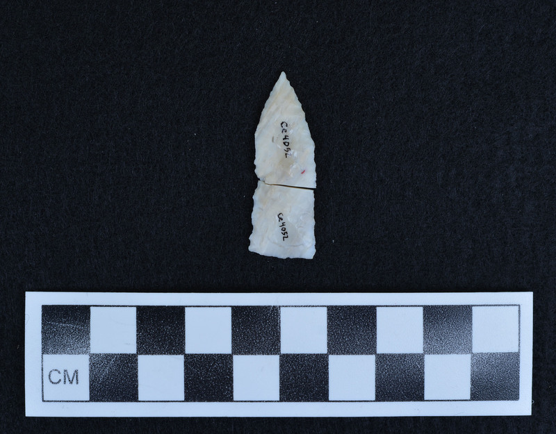 Broken, parallel diagonal flaking, Post-manufacture break, both halves labelled.