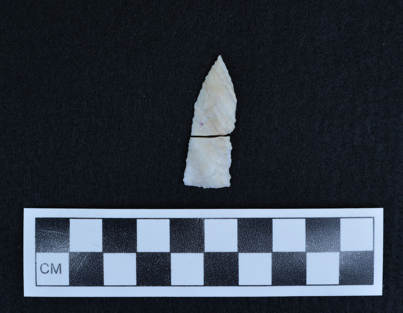 Broken, parallel diagonal flaking, Post-manufacture break, both halves labelled.
