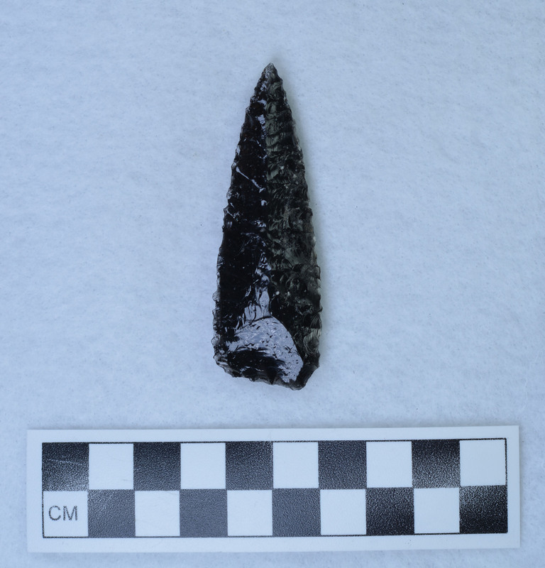 Proximal end has large percussion flake removed, Collateral flaking terminating along a well-defined median ridge. (JW)