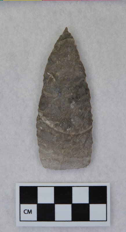 Broken, not heat treated, parallel diag. flaking, distal end