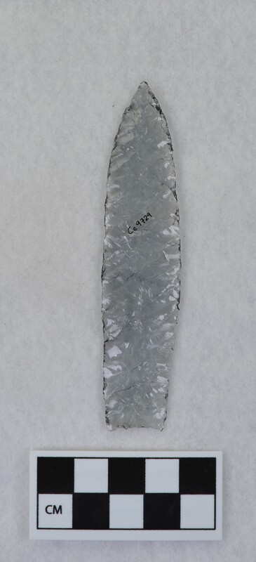 Titmus technique, parallel diagonal flaking, lanceolate style point, ground and thinned basal margins