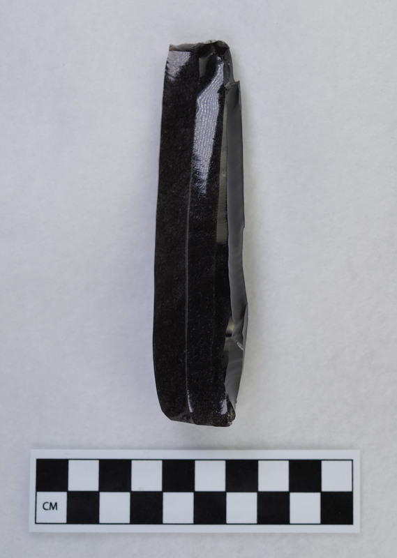 Pressure, polyhedral, Mesoamerican. Platform area at proximal end completely used up. Two blades stepped off very near proximal end. Core either dropped on distal end and flake removed or removed intentionally. Made from sawed core. (GT)