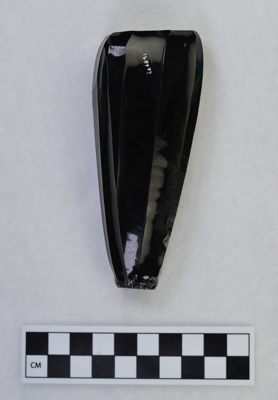 Nearly exhausted, distal end is cortex. The proximal end is sawn. The torpedo shape is common in Mesoamerican cores and results from the removal of material by the core in excess of that which is removed by the blade itself. (JW)