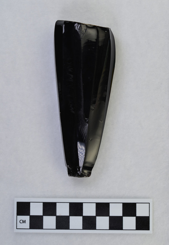 Nearly exhausted, distal end is cortex. The proximal end is sawn. The torpedo shape is common in Mesoamerican cores and results from the removal of material by the core in excess of that which is removed by the blade itself. (JW)