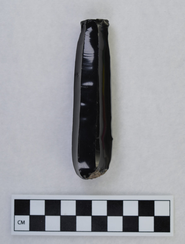 Prismatic. Even though this core was wrapped carefully the edges still show some damage. It is possible that this was used for some of his obtuse angle experiments. He often demonstrated the usefulness of the obtuse angle to visitors (i.e. shaving wood, bone, etc.).