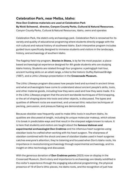 A description of Celebration Park, "Idaho's only archaeology park", including holdings of points created by Crabtree.