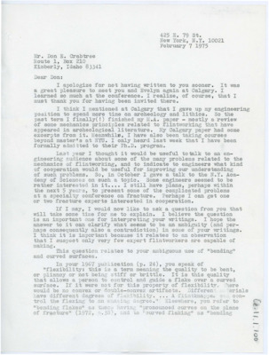 First page of a letter discussing Tsirk's change in career towards flintknapping and archaeology. He discusses his presentation on flintworking fracture to engineering students. He begins asking a question on the bending and curved surfaces in flintknapping.