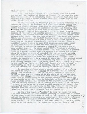 Second page of a letter explaining a question of bending and curved surfaces in flintknapping. He discusses a past paper of Crabtree's that covers a change in curvature in flake materials.