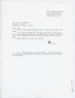 Letter informing Crabtree he won't be at the Dallas conference and offering condolences on Swanson's death.