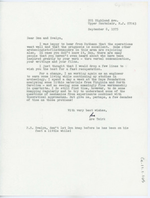 Letter wishing Crabtree the best in his recuperation after surgery. Tsirk discusses his work as an engineer and archaeologist.