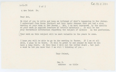 Letter from Donald Crabtree to Are Tsirk