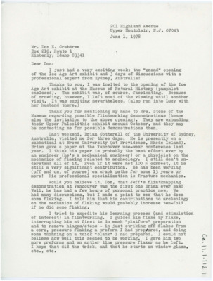 Letter discussing a ice age art exhibit, upcoming flintkworking demonstrations and Tsirk's recent work in flaking with Brain Cotterell. Includes drawings of the flaking.