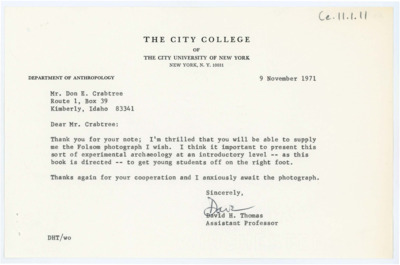 Letter from David H. Thomas to Donald Crabtree