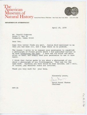 Letter requesting permission to print a photo from Donald Crabtree.