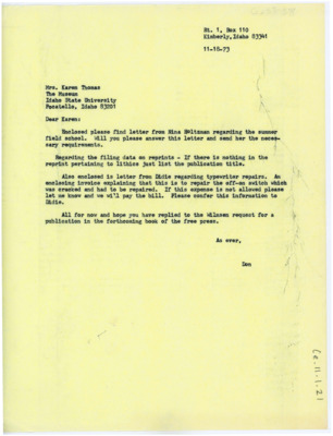 Letter from Donald Crabtree to Karen Thomas