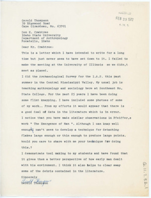 Letter introducing himself and asking if Crabtree would share how he produces large flakes to make large points. Included are photos of some of Thompson's flintknapping work.