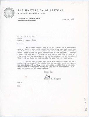 Letter thanking Crabtree for field school and giving him a check for his travels. Thompson discusses plans with Bordes.