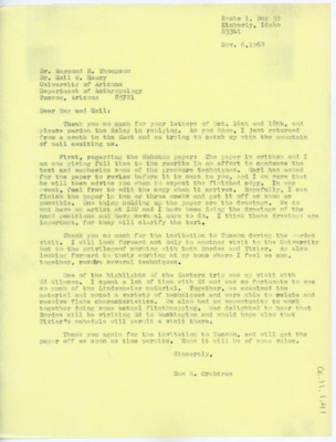 Letter discussing the Hohokam paper and when it'll finish. Crabtree discusses his studies and trip on the east coast.