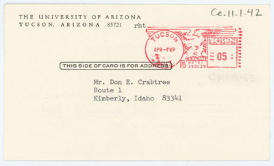 Postcard from Raymond Thompson to Donald Crabtree