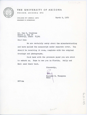Letter informing Crabtree that he sent the original manuscript of the Hohokam article.