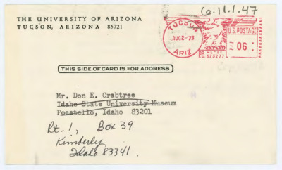 Postcard from Raymond Thompson to Donald Crabtree