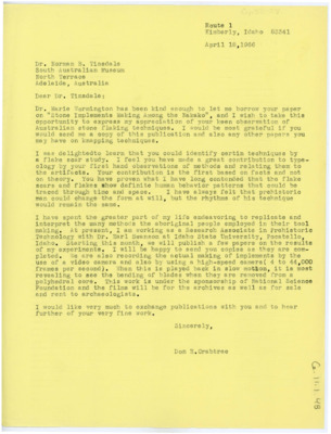 Letter from Donald Crabtree to Norman B. Tindale