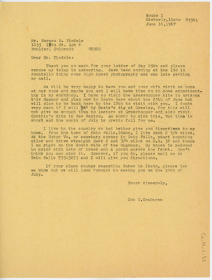 Letter from Donald Crabtree to Norman B. Tindale