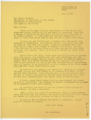 Letter from Donald Crabtree to Norman B. Tindale