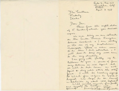Letter discussing Tindale's work in Cambria and Australia. Tindale is going to Pullman for a lecture series and he discusses his other travel plans.