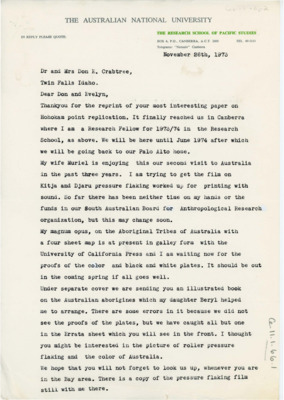 Letter discussing Australian archaeology and the lithic technology of Australian Aboriginal peoples. Tindale discusses his travel plans, is sending Crabtree a book, and discusses his research.