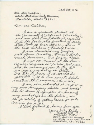 Letter asking if Crabtree would teach Toth some about flintknapping. Toth discusses his research into lithic technology of east Africa.