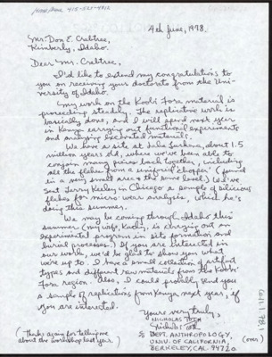 Letter discussing Toth's replicative archaeology work and site flake analysis. Toth wonders if Crabtree would like to visit when he passes through Idaho. Toth asks for input on quarrying techniques for a flintknapping article he is planning on writing. He includes some drawings on the backside.