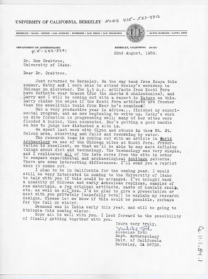 Letter discussing Toth and his wife's visit to a workshop on microwear. He discusses his work in Africa, a new publication on Koobi Fora, and visiting University of Idaho for a presentation.