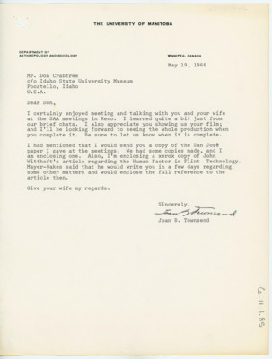 Letter following up with Crabtree after meeting him at a conference in Nevada. Townsend enclosed a copy of their San Jose paper and another article on flint technology.