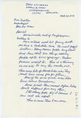 Letter discussing a Native American flintknapping site in New York and the artifacts found at the site. Thew discusses what evidence the arrowheads yield and what it means for flintknapping technique.