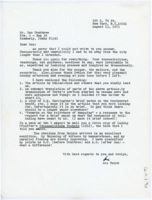 Letter thanking Crabtree for his help in flintknapping and giving materials to him. He lists off the articles he has enclosed and notes he will be sending another book soon.