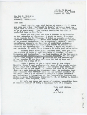 Letter offering to get more articles for Crabtree, and agreeing to help Ed Wilmsen on his article. Tsirk discusses other relevant articles and books he sent. Letter includes a copy of the article, "Remarks on the Relevance of Knapping."