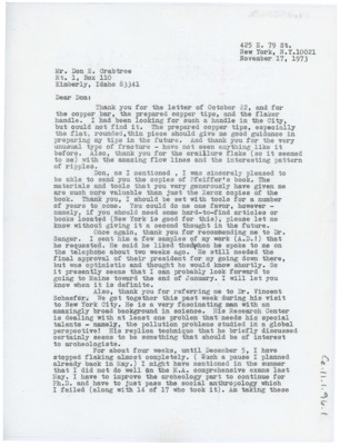 Letter thanking Crabtree for the flintknapping materials, and informing him that he likely got the job with Dave Sanger. Tsirk discusses meeting with Vincent Schaefer and his new attempts at passing the anthropology masters exams.