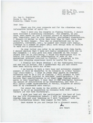 Letter discussing Tsirk's felsite remarks, his flintknapping and research planned for the summer, and work with John Speth.