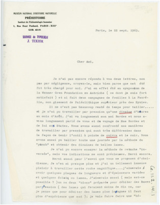 Letter discussing a conference Tixier attended and his recent techniques in flintknapping.