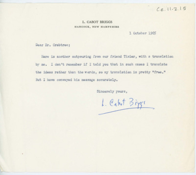 Note from Cabot Briggs to Donald Crabtree